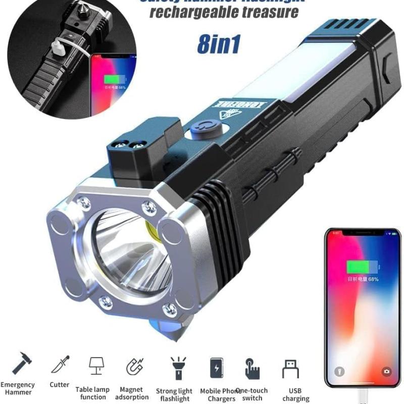 Versatile High Power LED Flashlight – Focus Light, Power Bank & Window Hammer
