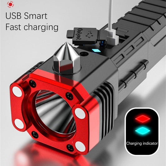 Versatile High Power LED Flashlight – Focus Light, Power Bank & Window Hammer