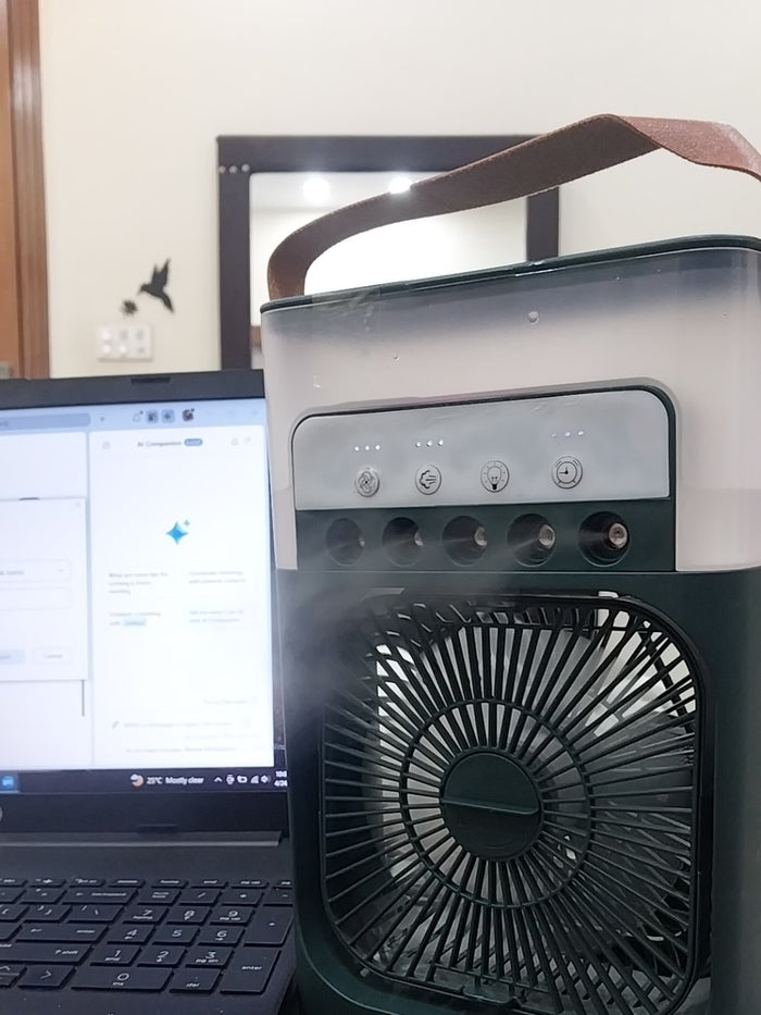 10-Inch Desktop Humidifier Fan – Portable Mist Cooling Fan with LED Light & Timer | Royal Wahab Store