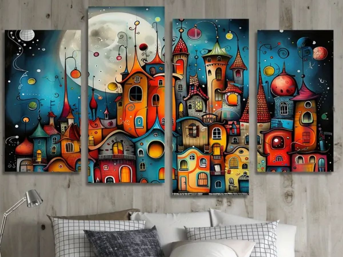 Abstract Fantasy City Wall Art Canvas Set – Colorful Modern Decorative Panels