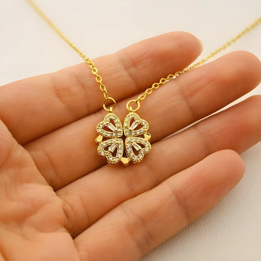 Add a touch of elegance and charm to your look with the ZGE-923 Korean Magnetic 4 Leaf Clover Pendant Necklace – Golden.
