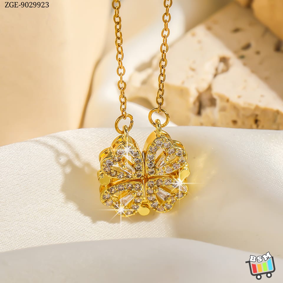 Add a touch of elegance and charm to your look with the ZGE-923 Korean Magnetic 4 Leaf Clover Pendant Necklace – Golden.