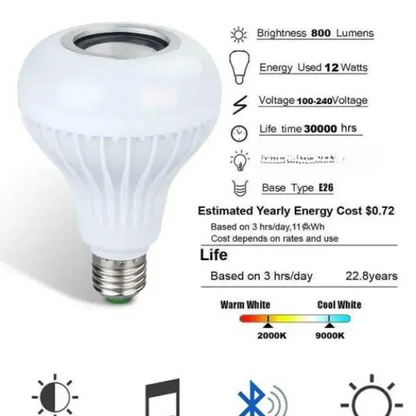 Smart LED RGB White 12W Bluetooth Speaker Bulb  Color Changing Light | Remote & App Control