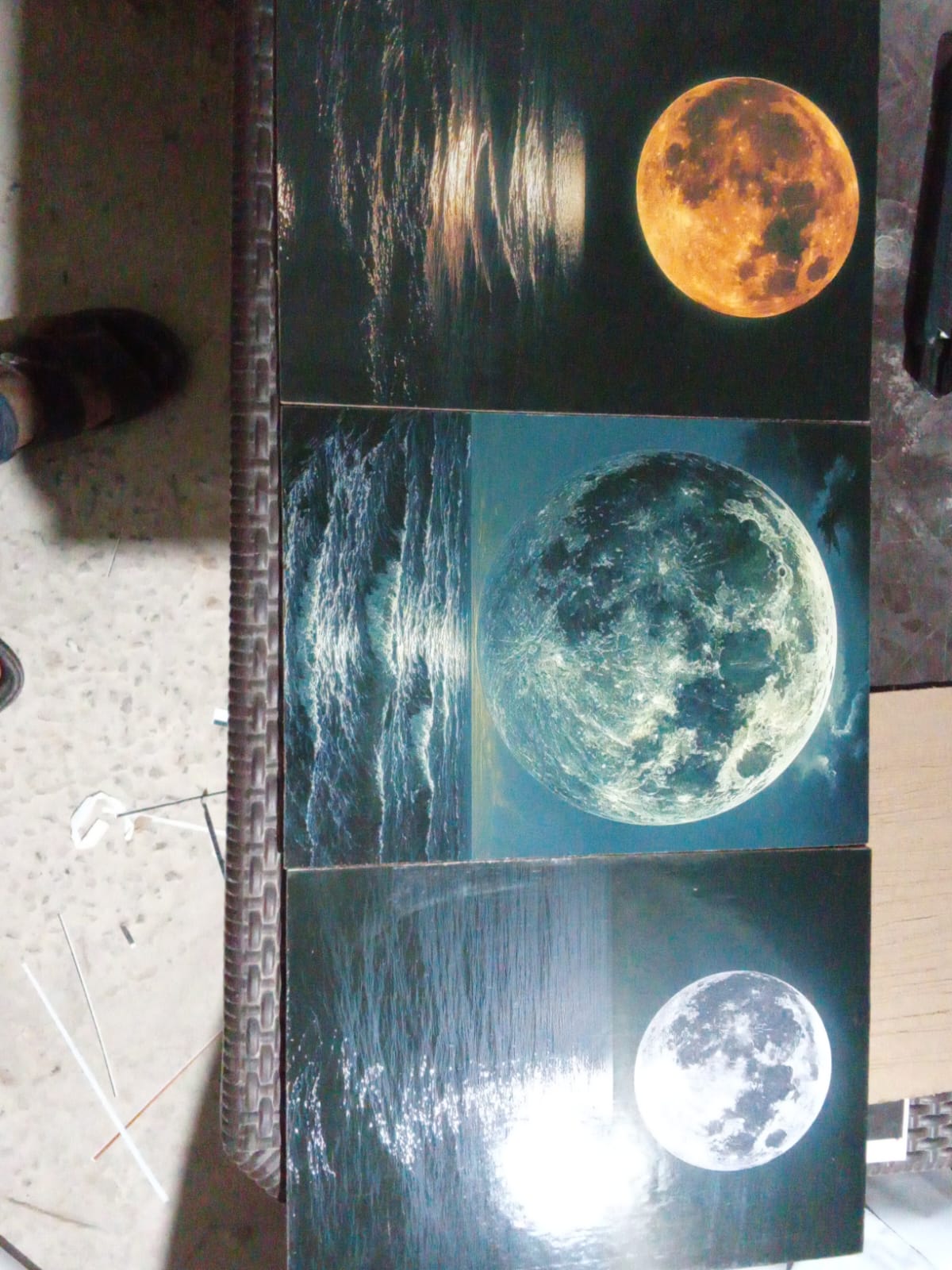 3-Piece Moonlit Ocean Canvas Wall Art | 8x11 Inch | Wooden Sticky Tiles | Easy Wall Décor