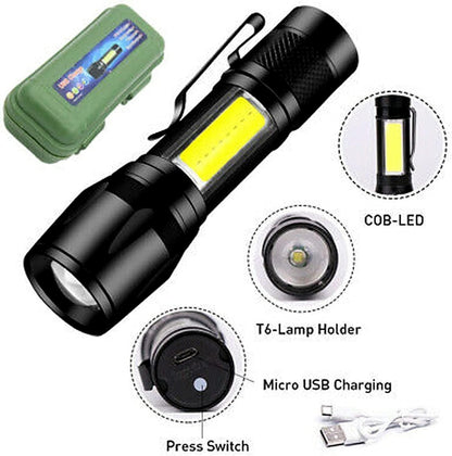 Metal COB Flashlight Torch – Mini Rechargeable Work Light | Emergency Penlight | Waterproof | By Royal Wahab