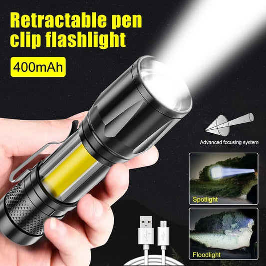 Metal COB Flashlight Torch – Mini Rechargeable Work Light | Emergency Penlight | Waterproof | By Royal Wahab