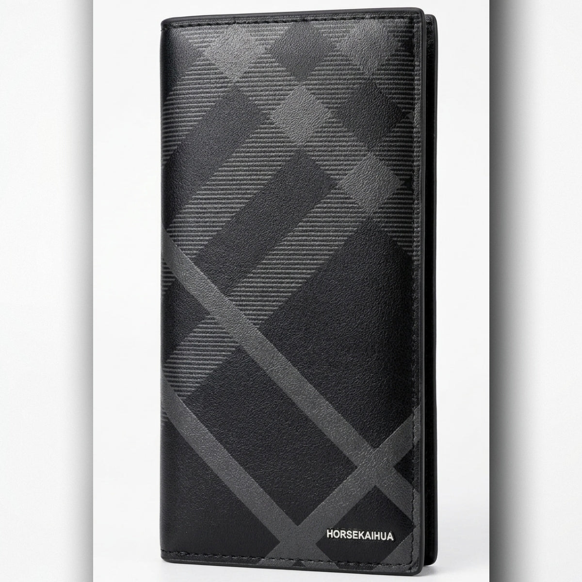Premium Leather Long Wallet for Men – Stylish Check Pattern Slim Wallet (Black)