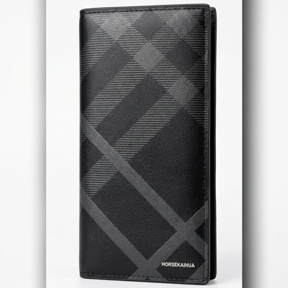 Premium Leather Long Wallet for Men – Stylish Check Pattern Slim Wallet (Black)