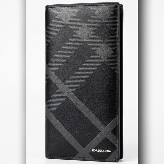 Premium Leather Long Wallet for Men – Stylish Check Pattern Slim Wallet (Black)