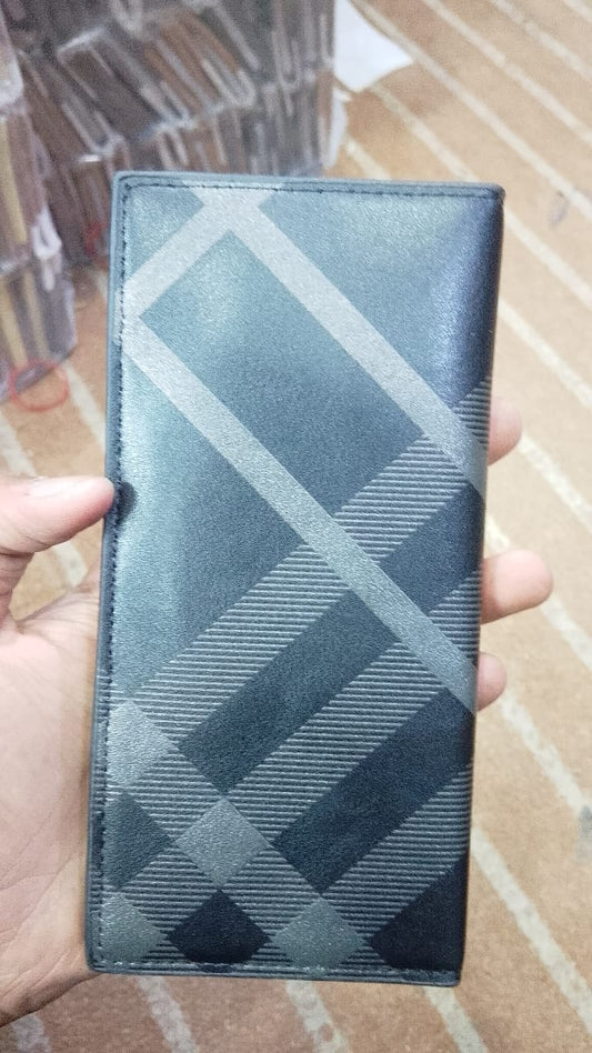 Premium Leather Long Wallet for Men – Stylish Check Pattern Slim Wallet (Black)