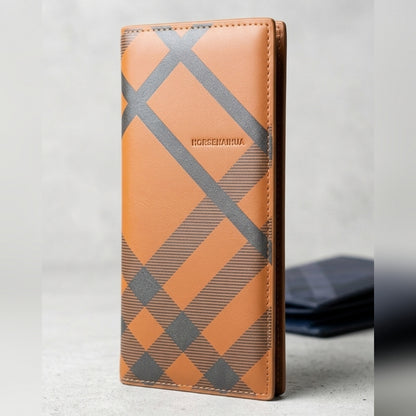 Premium Leather Long Wallet for Men – Stylish Check Pattern Slim Wallet (Black)