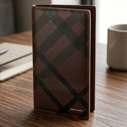 Premium Leather Long Wallet for Men – Stylish Check Pattern Slim Wallet (Black)