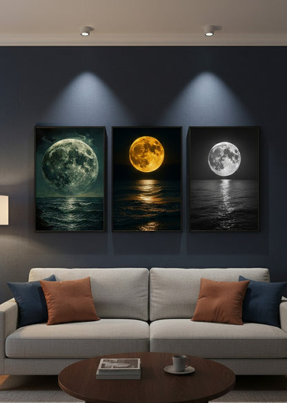 3-Piece Moonlit Ocean Canvas Wall Art | 8x11 Inch | Wooden Sticky Tiles | Easy Wall Décor