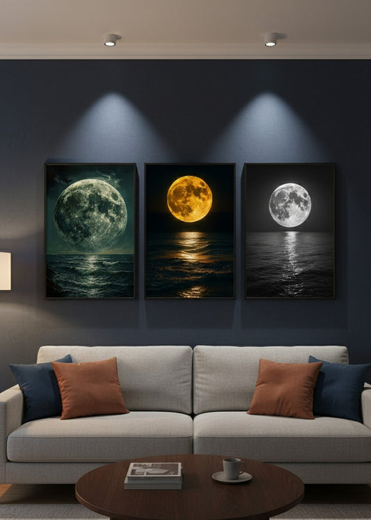 3-Piece Moonlit Ocean Canvas Wall Art | 8x11 Inch | Wooden Sticky Tiles | Easy Wall Décor