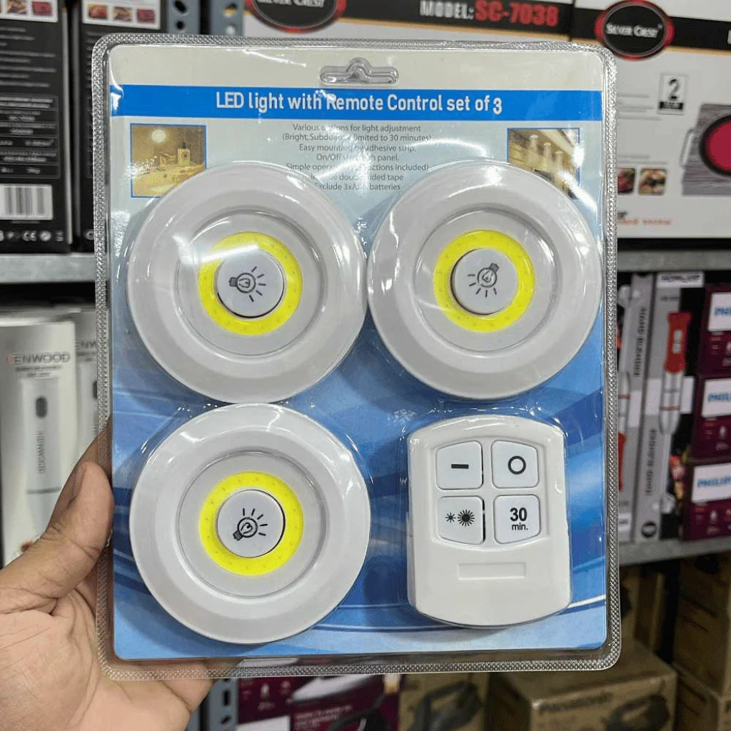 Pack of 3 LED Remote Control Lights | Tap Lights for Cabinet, Wardrobe, Room, Kitchen & Office | Self-Adhesive | By Royal Wahab Store