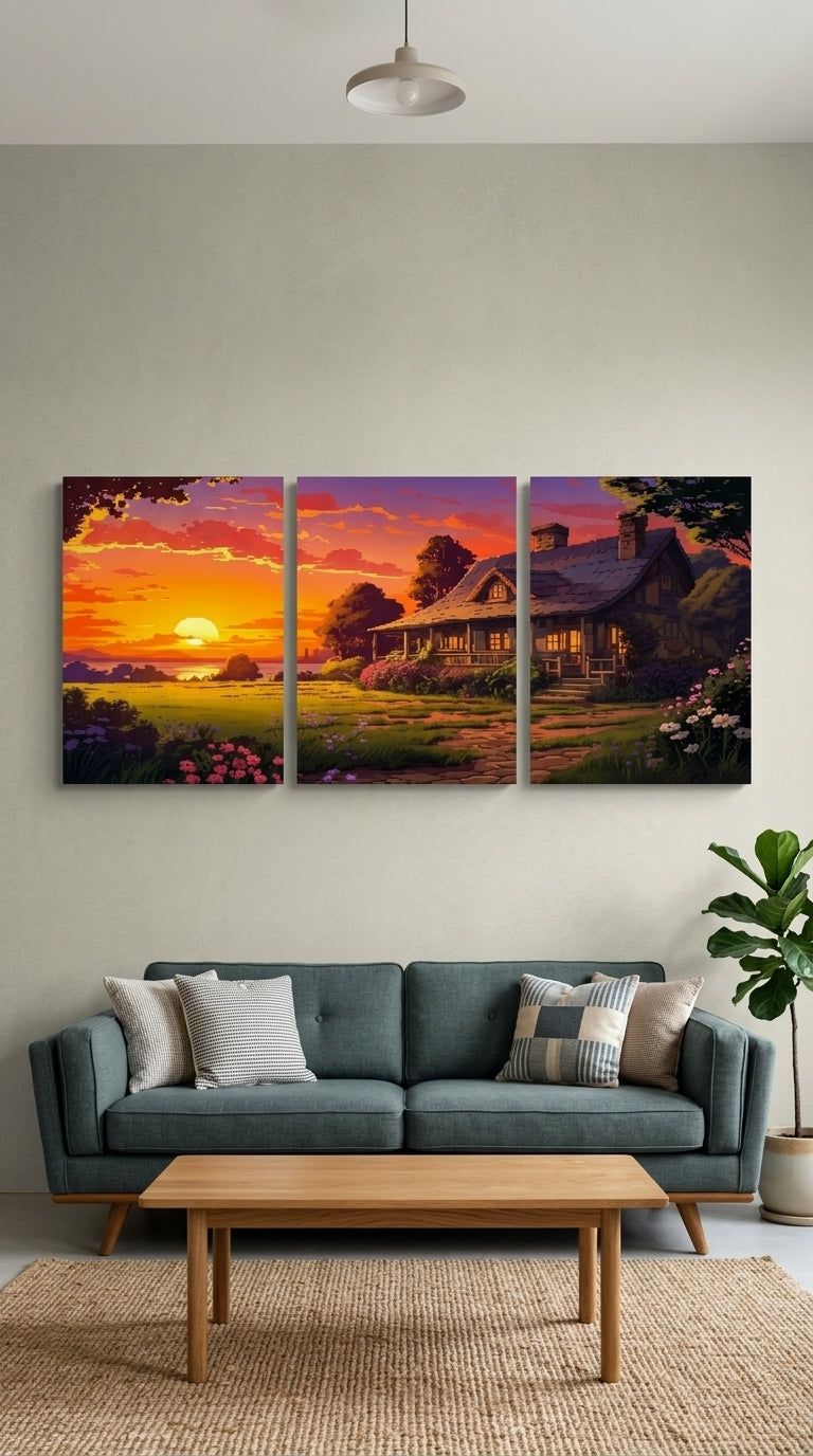 Scenic Cottage Sunset 3-Piece Wall Art Set – 8x11 Inch Wooden Sticky Tiles