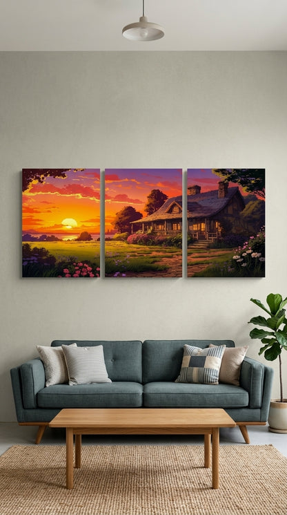 Scenic Cottage Sunset 3-Piece Wall Art Set – 8x11 Inch Wooden Sticky Tiles