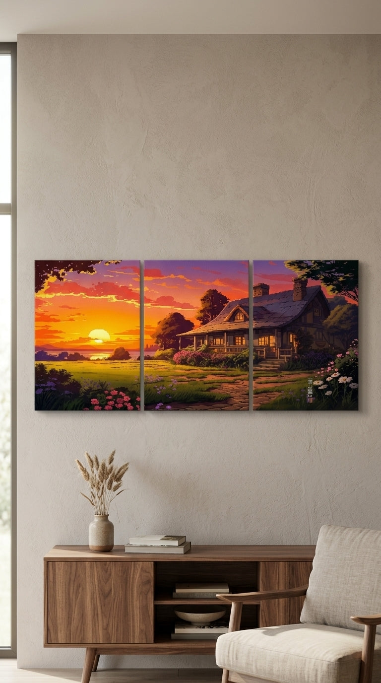Scenic Cottage Sunset 3-Piece Wall Art Set – 8x11 Inch Wooden Sticky Tiles
