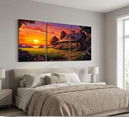 Scenic Cottage Sunset 3-Piece Wall Art Set – 8x11 Inch Wooden Sticky Tiles